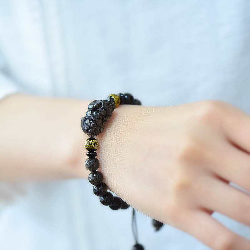 Wear FengShui Natural Gold Sheen Obsidian PiXiu Om Mani Padme Hum Wealth Braided Bracelet
