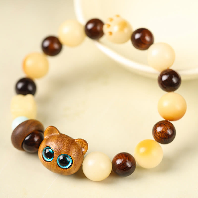 Wear FengShui Natural Bodhi Seed Sandalwood Lucky Cute Cat Head Paw Claw Peace Bracelet