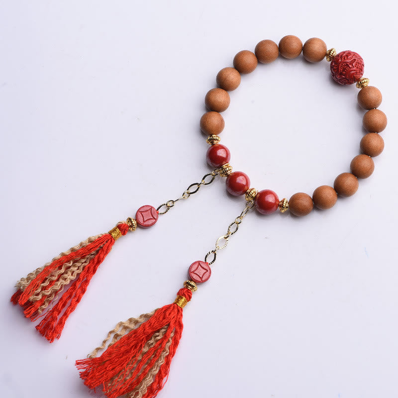Wear FengShui Tibetan Natural Peach Wood Cinnabar PiXiu Wealth Tassels Bracelet
