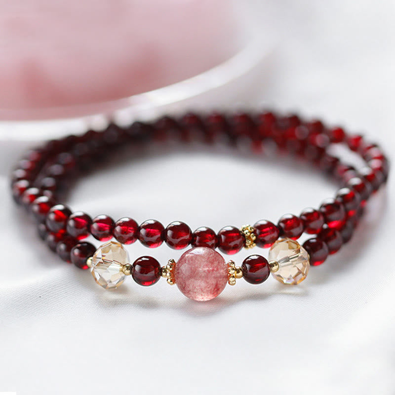 Wear FengShui 14K Gold Plated Natural Garnet Strawberry Quartz Stability Double Wrap Bracelet