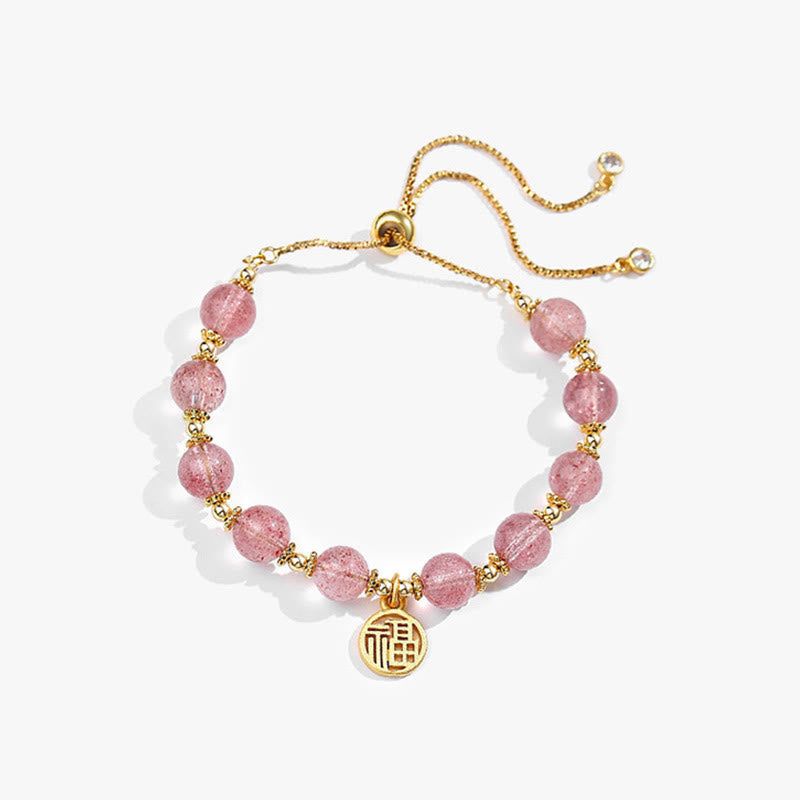 Wear FengShui 14K Gold Plated Natural Strawberry Quartz Fu Character Positive Charm Bracelet
