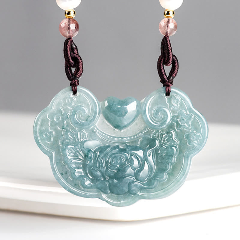 Wear FengShui Natural Jade Peony Flower Lock of Good Wishes Prosperity Necklace Pendant