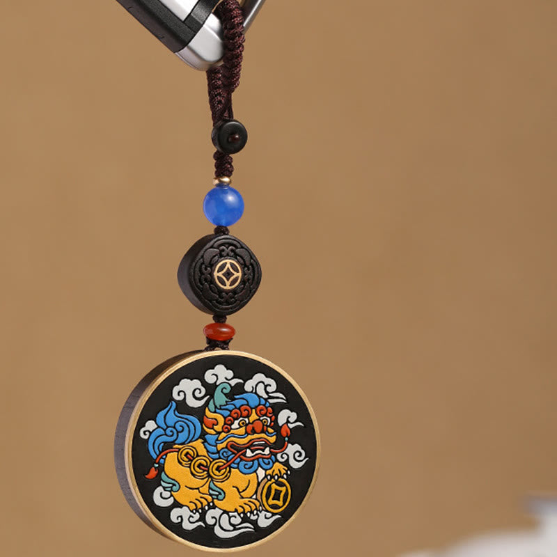 Wear FengShui PiXiu Copper Coin Ebony Wood Luck Attract Wealth Key Chain Decoration