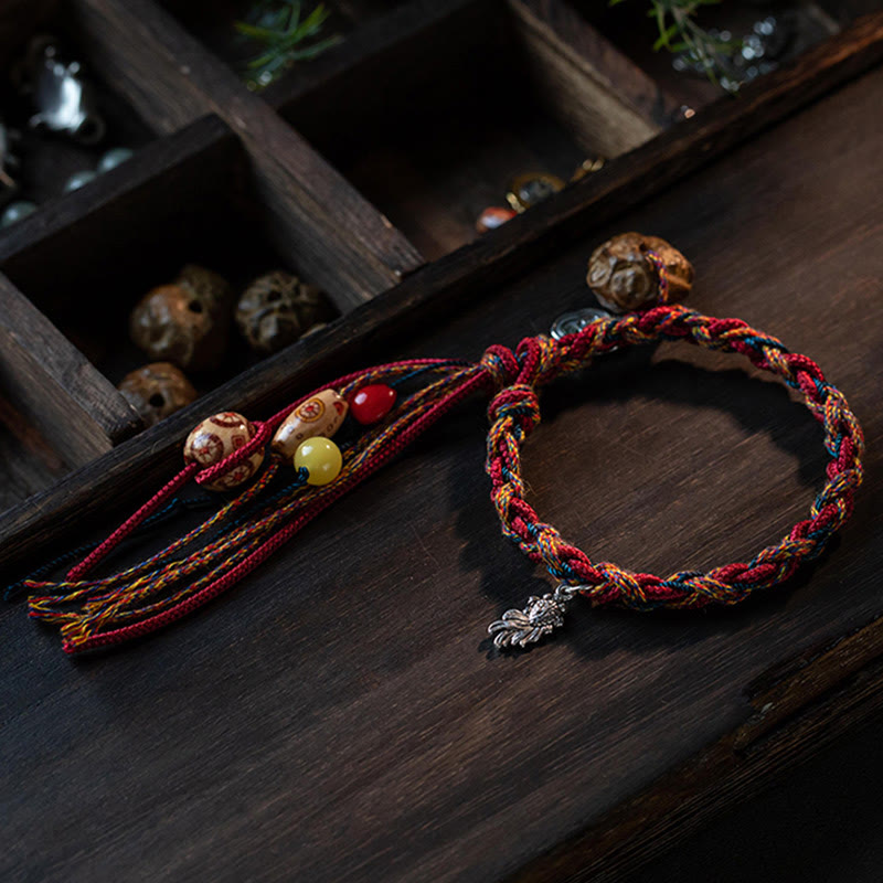 Wear FengShui Tibetan Handmade Colorful Thread 925 Sterling Silver Koi Fish Protection Strength String Bracelet