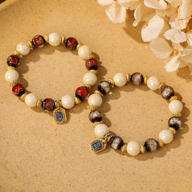 Wear FengShui Tibetan Zakiram Goddess of Wealth Charm Liuli Glass Incense Ash Porcelain Bead Protection Bracelet