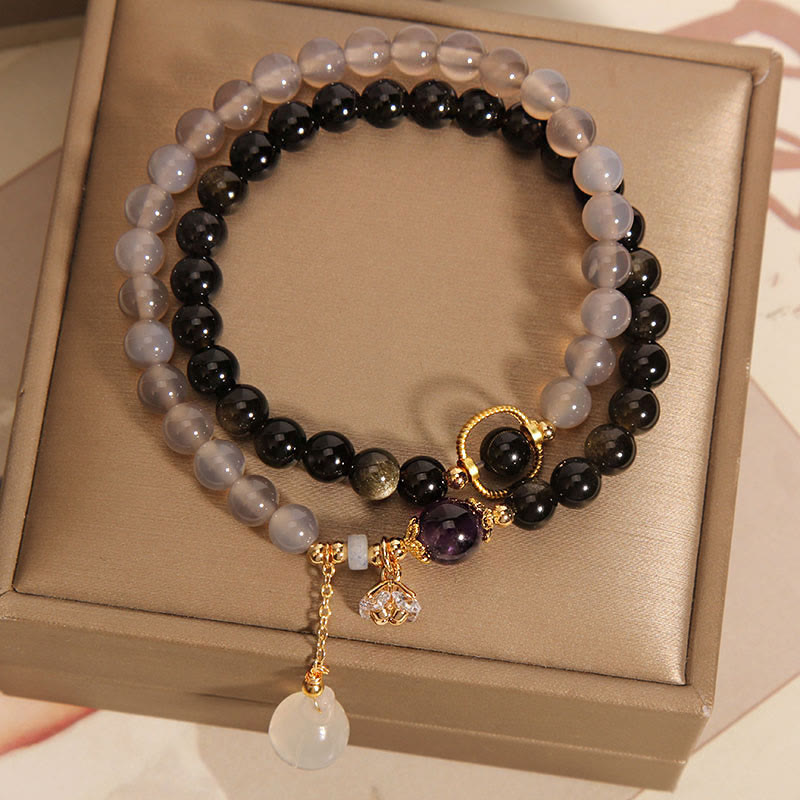 Wear FengShui Gold Sheen Obsidian Gray Agate Lotus Charm Strengthen Double Wrap Bracelet