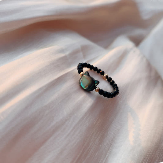 Wear FengShui Natural Tridacna Stone Lovely Cat 14K Gold Plated Blessing Ring