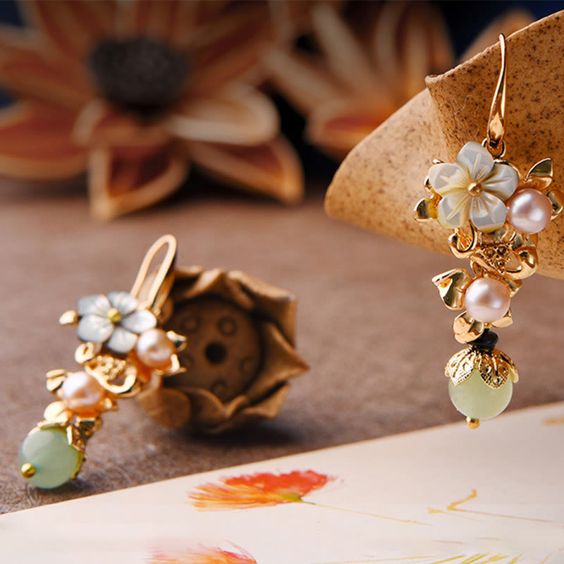 Wear FengShui 14K Gold Plated Tridacna Stone Flower Pearl Green Aventurine Bead Drop Earrings