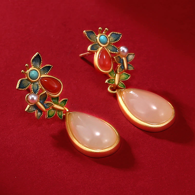 Wear FengShui Water Drop White Jade Red Agate Butterfly Protection Drop Dangle Earrings