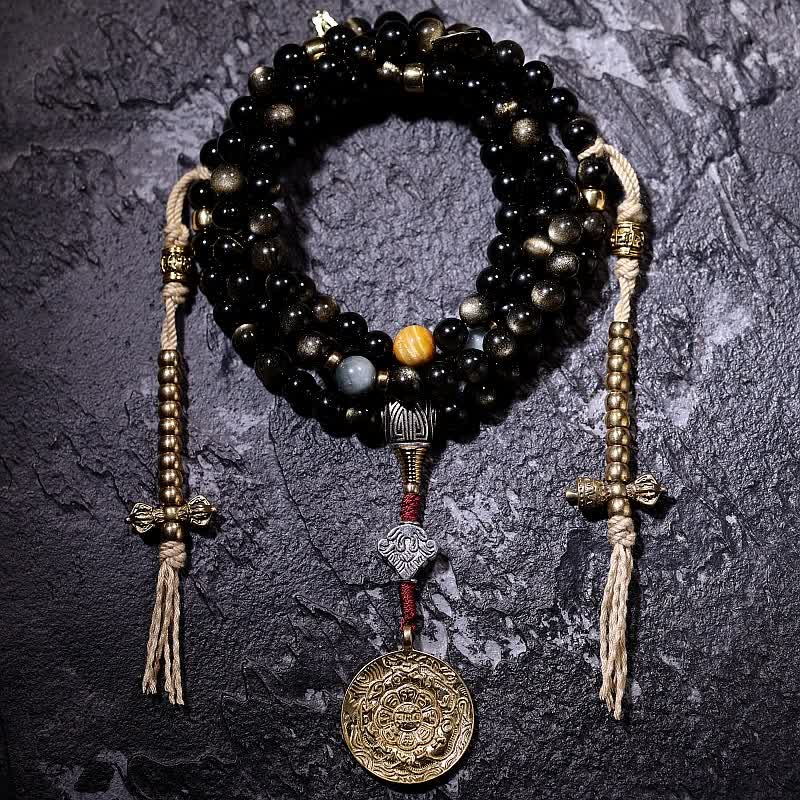 Wear FengShui 108 Mala Beads Gold Sheen Obsidian Tiger Eye Eagle's Eye Stone Wealth Bracelet