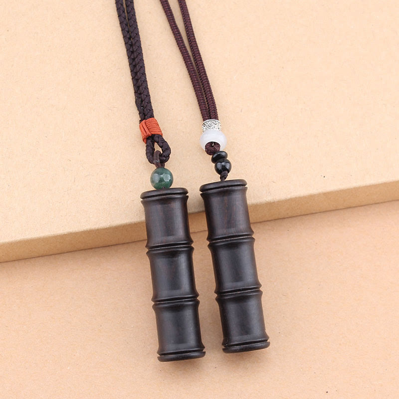 Wear FengShui Ebony Wood Bamboo Pattern Ghau Prayer Box Peace Necklace Pendant