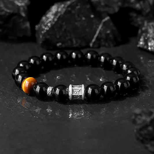 Wear FengShui 999 Sterling Silver Black Obsidian Tiger Eye Om Mani Padme Hum Fulfillment Bracelet