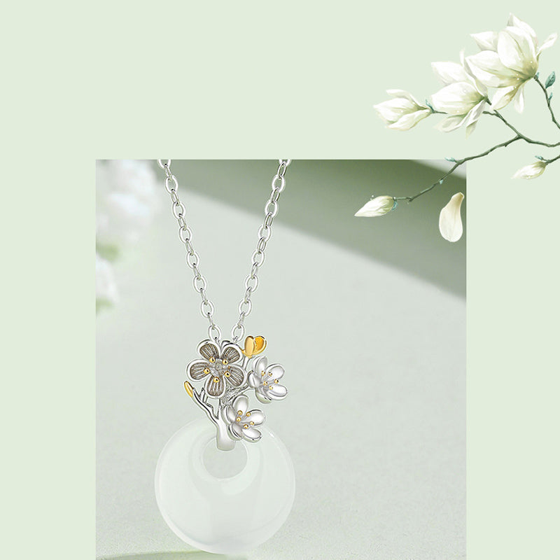 Wear FengShui 925 Sterling Silver Round Chalcedony Twelve Months Flower Harmony Necklace Pendant