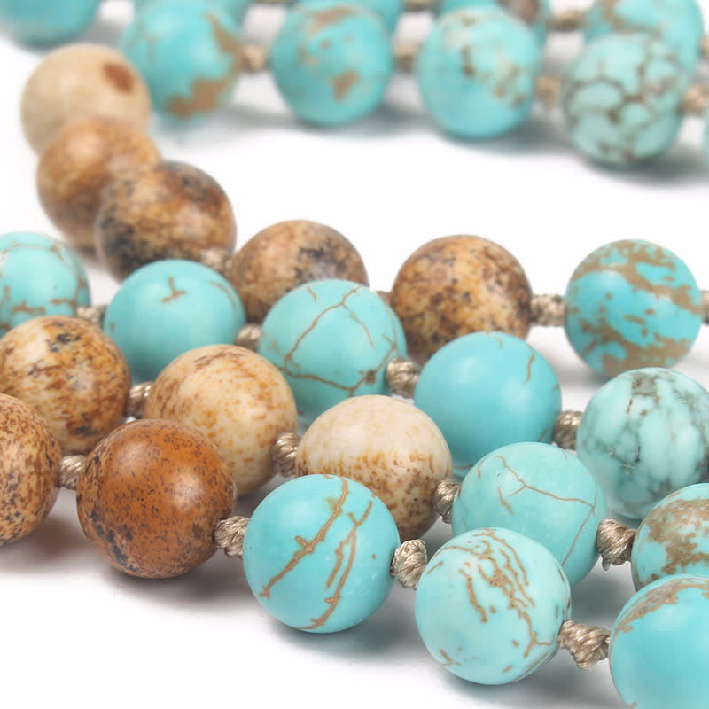 Wear FengShui 108 Mala Beads Turquoise Picture Jasper Wisdom Tassel Bracelet