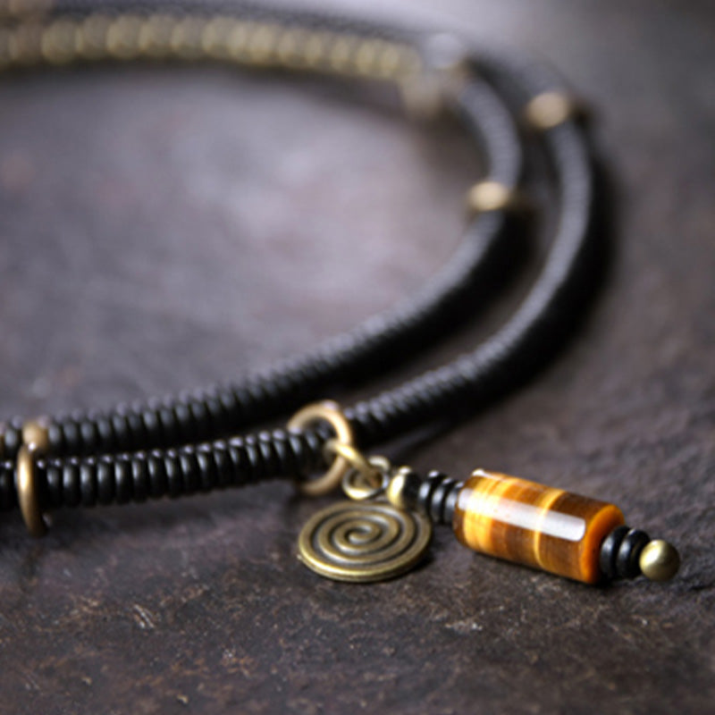 Wear FengShui Ebony Wood Dzi Bead Copper Peace Couple Bracelet Necklace Pendant