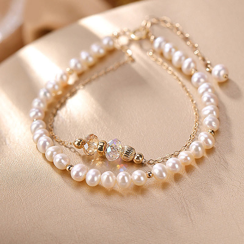 Wear FengShui 925 Sterling Silver Plated 14k Gold Natural Pearl Crystal Healing Double Layer Bracelet