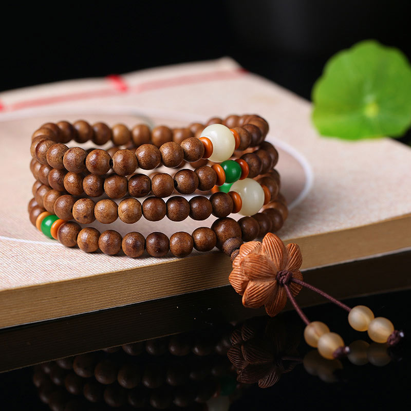 Wear FengShui 108 Mala Beads Peach Wood Bodhi Seed Lotus Prayer Meditation Bracelet