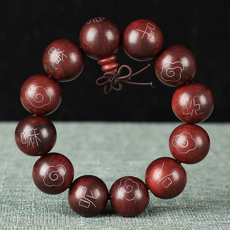 Wear FengShui 925 Sterling Silver Inlaid Small Leaf Red Sandalwood Om Mani Padme Hum Character Auspicious Clouds Protection Bracelet