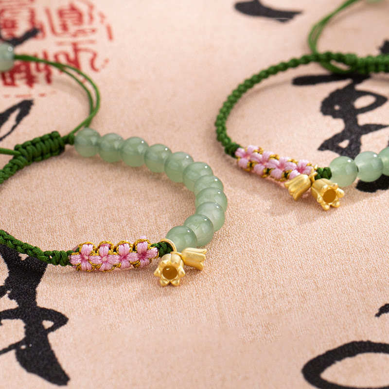 Wear FengShui Handmade Jade Bead Lily of the Valley Charm Luck Braided Bracelet