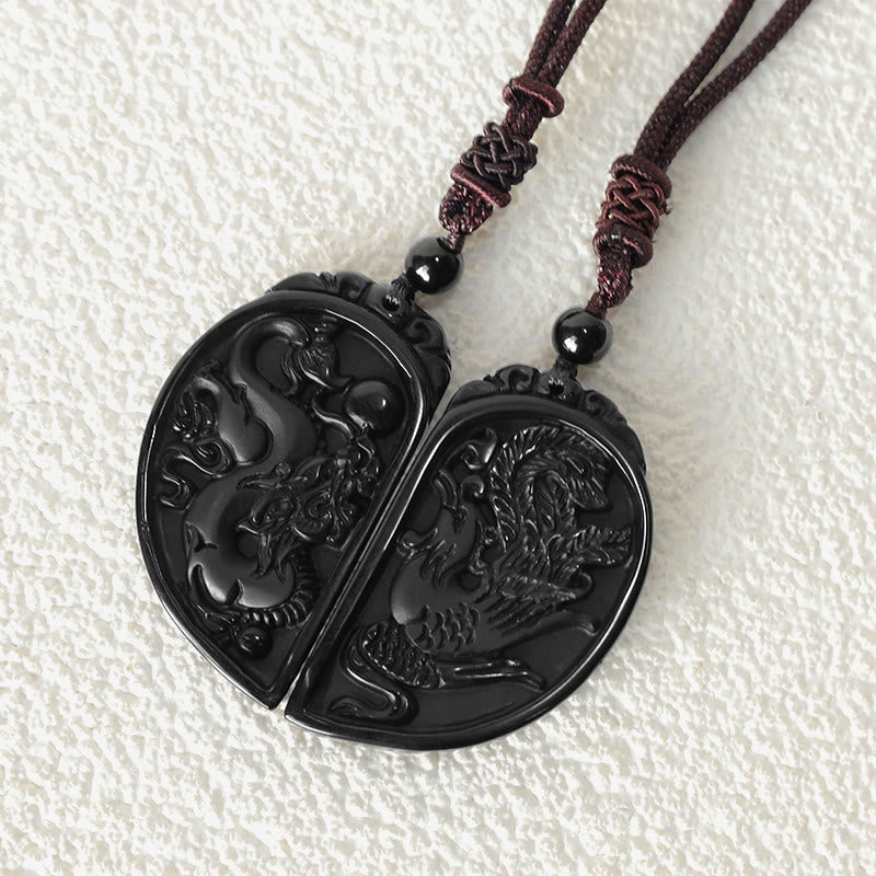 Wear FengShui Black Obsidian Love Dragon Phoenix Protection Necklace Pendant