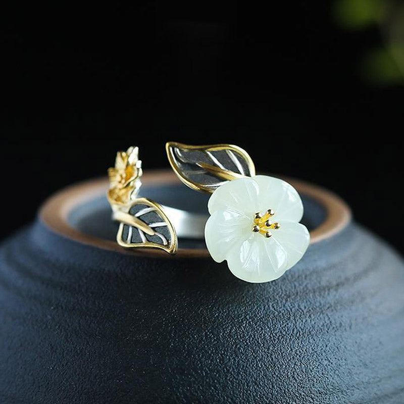 Wear FengShui 925 Silver Plated Copper White Jade Plum Flower Leaf Luck Ring