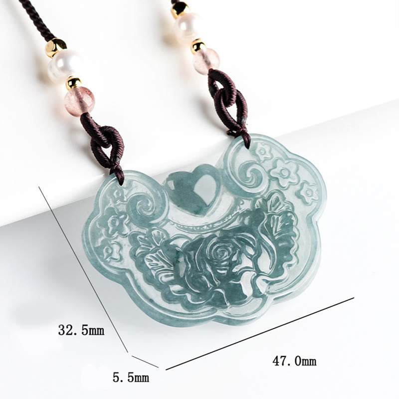 Wear FengShui Natural Jade Peony Flower Lock of Good Wishes Prosperity Necklace Pendant