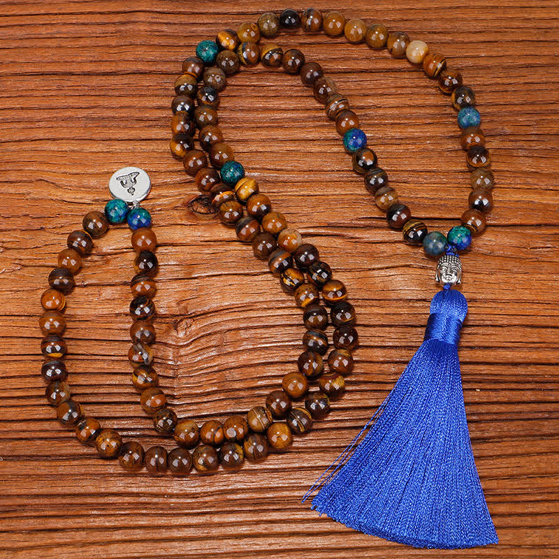 Wear FengShui 108 Mala Beads Tiger Eye Buddha Strength Bracelet Tassel Necklace Pendant