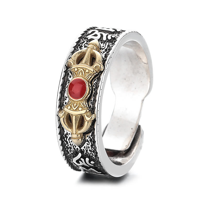 Wear FengShui Tibetan Om Mani Padme Hum Red Agate Dorje Vajra Design Wisdom Ring