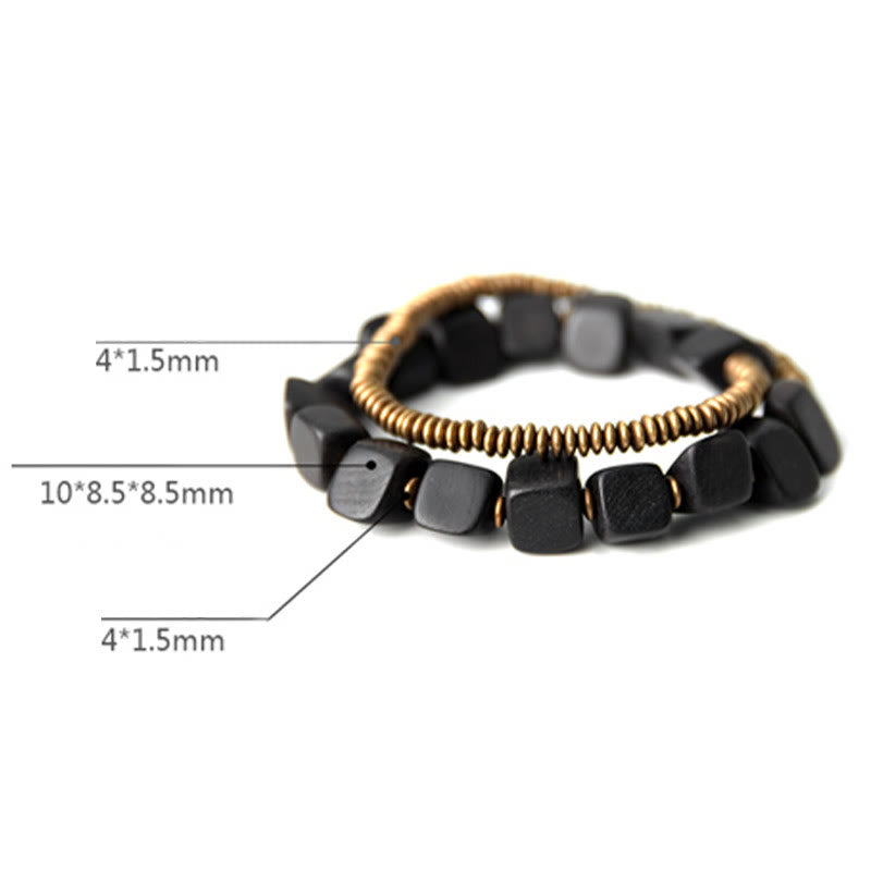 Wear FengShui Tibetan Ebony Wood Copper Peace Double Wrap Bracelet