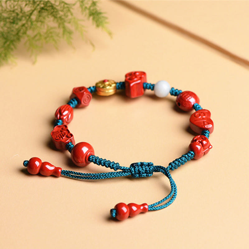 Wear FengShui Natural Cinnabar Gourd Om Mani Padme Hum Laughing Buddha Blessing String Bracelet
