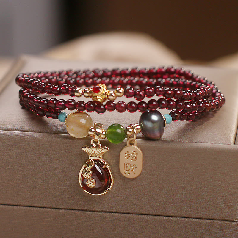 Wear FengShui Multi Layered Natural Garnet Jade Coin Money Bag Attracting Wealth Protection Bracelet