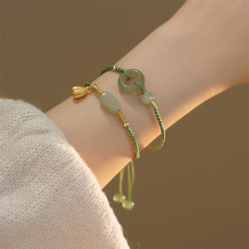 Wear FengShui Lotus Jade Peace Buckle Bead Luck Happiness Charm String Bracelet