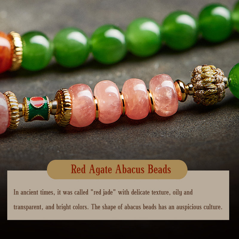Wear FengShui 108 Mala Beads Cyan Jade Red Agate Laughing Buddha Luck Bracelet