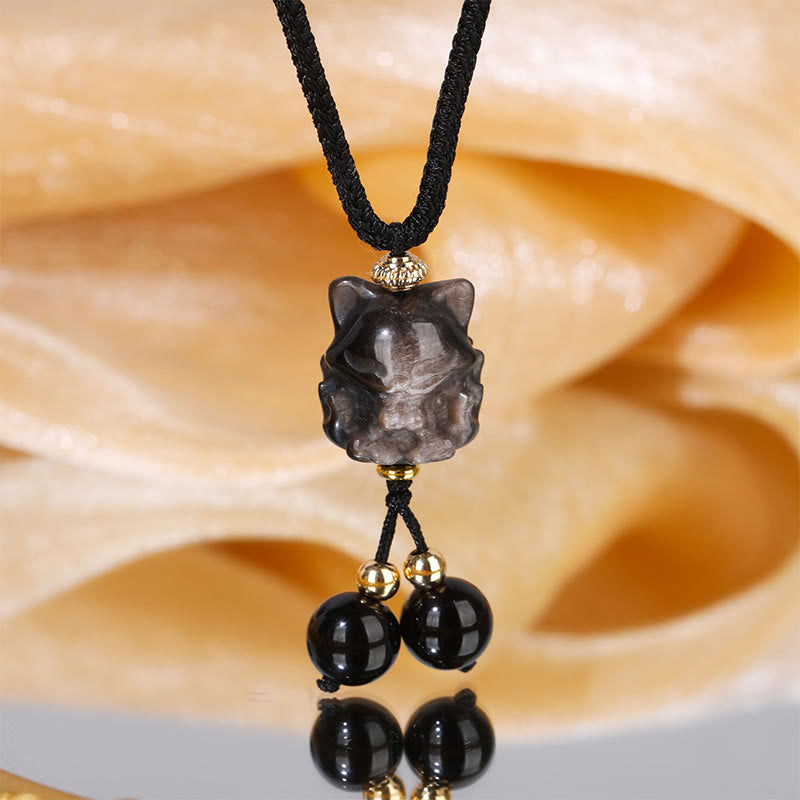 Wear FengShui Natural Silver Sheen Obsidian Nine Tailed Fox Protection Necklace Pendant