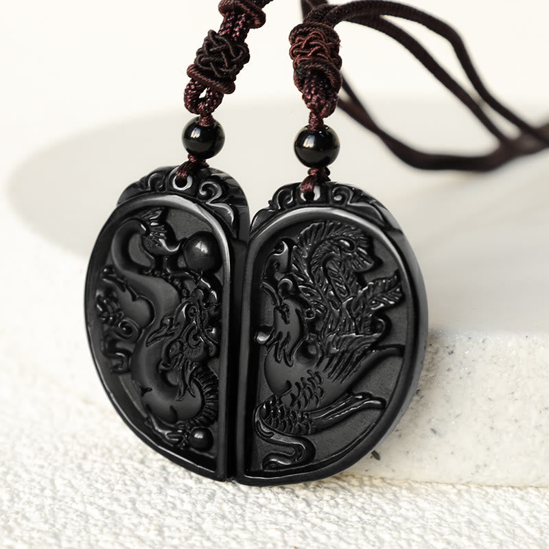Wear FengShui Black Obsidian Love Dragon Phoenix Protection Necklace Pendant