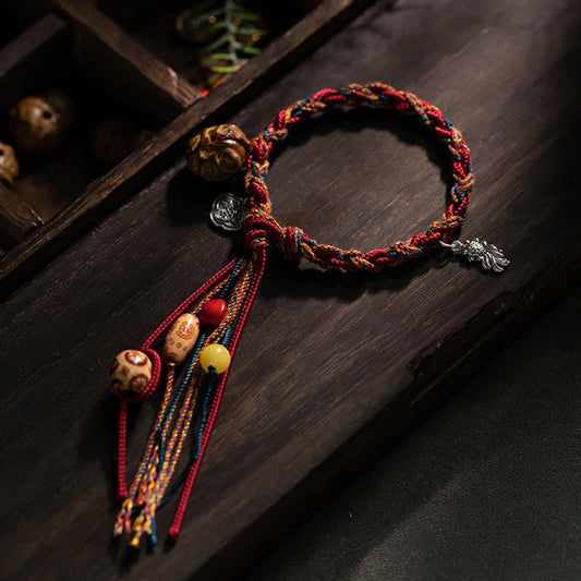 Wear FengShui Tibetan Handmade Colorful Thread 925 Sterling Silver Koi Fish Protection Strength String Bracelet