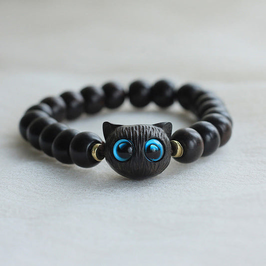 Wear FengShui Ebony Wood Green Sandalwood Cute Cat Peace Bracelet