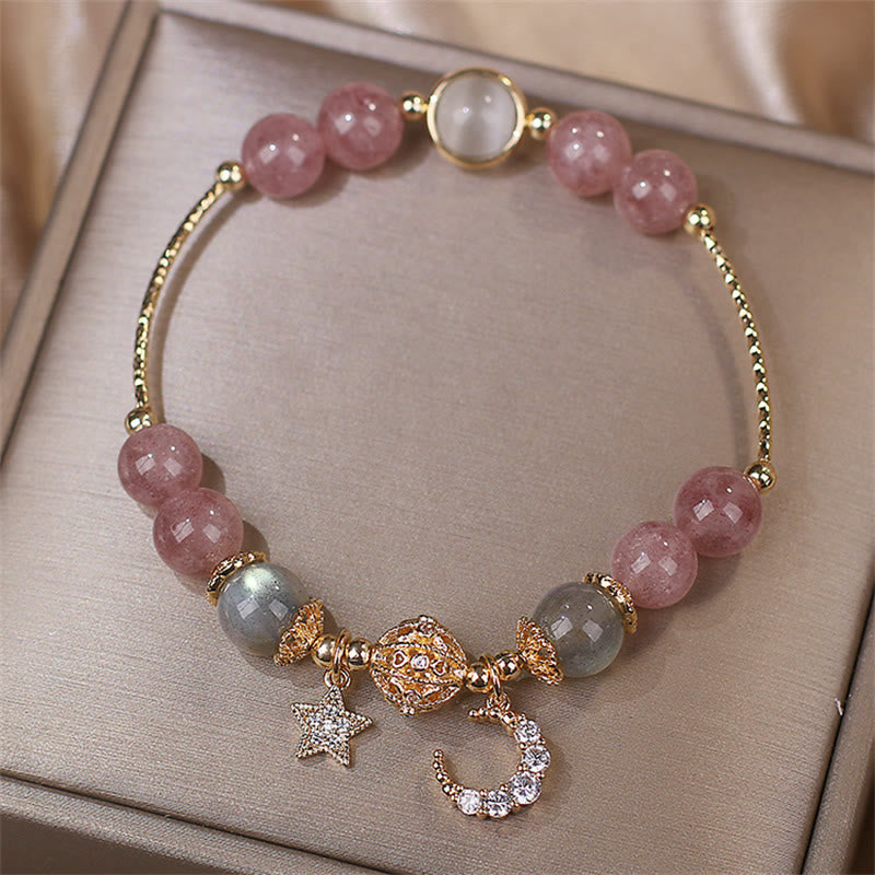 Wear FengShui Strawberry Quartz Moonstone Moon Star Love Bracelet