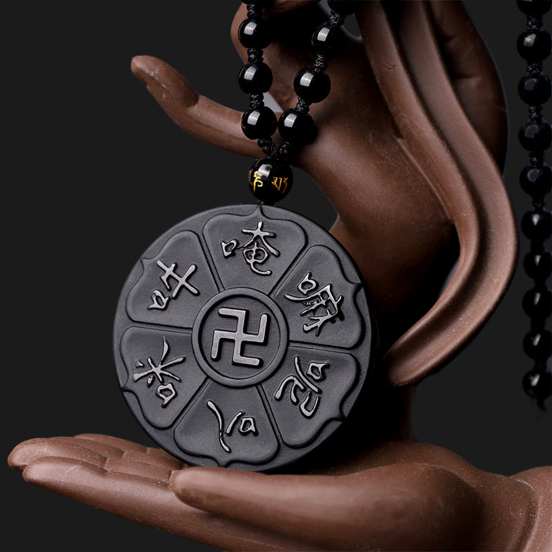 Wear FengShui Natural Black Obsidian Tibetan Om Mani Padme Hum Buddha Swastika Luck Necklace Pendant