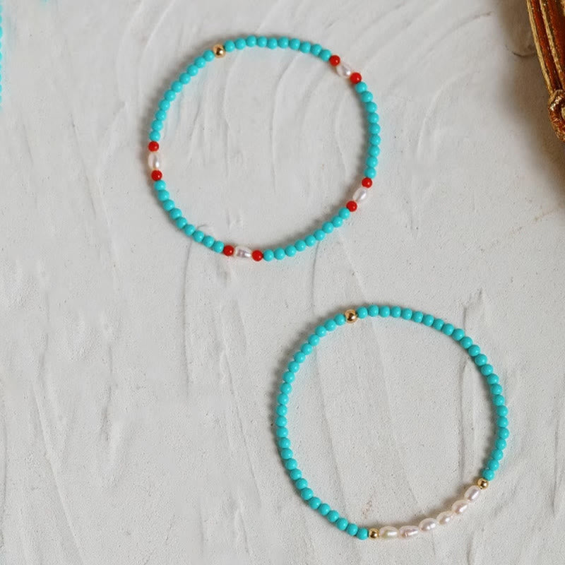 Wear FengShui Turquoise Red Agate Pearl Small Beaded Protection Bracelet