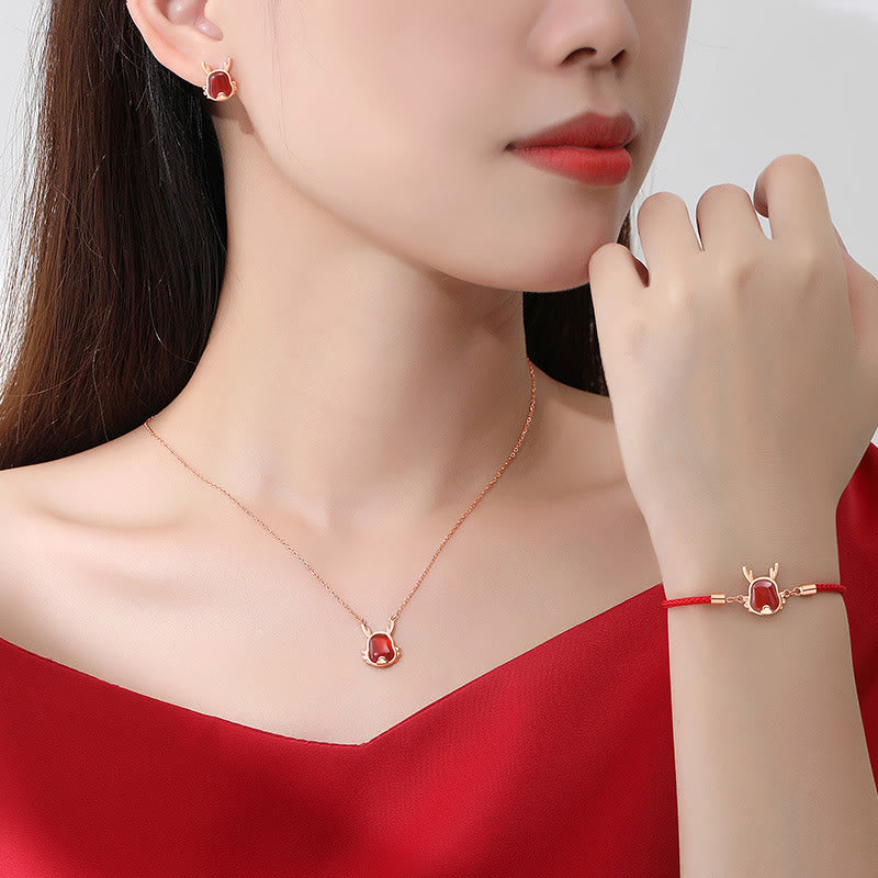 ❗❗❗A Flash Sale- Wear FengShui 925 Sterling Silver Year of the Dragon Natural Red Agate Dragon Attract Fortune Fu Character Strength Bracelet Necklace Pendant Earrings
