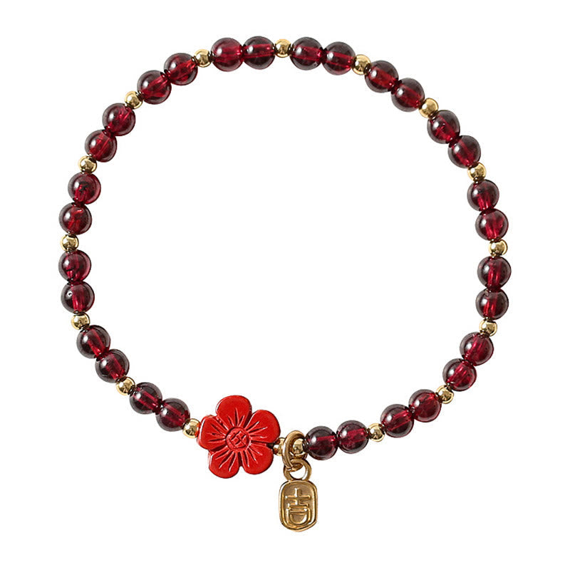 Wear FengShui 14K Gold Plated Natural Garnet Cinnabar Flower Calm Bracelet