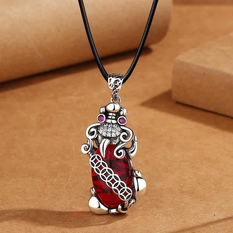 Wear FengShui PiXiu Garnet Copper Coin Wealth Luck Necklace Pendant