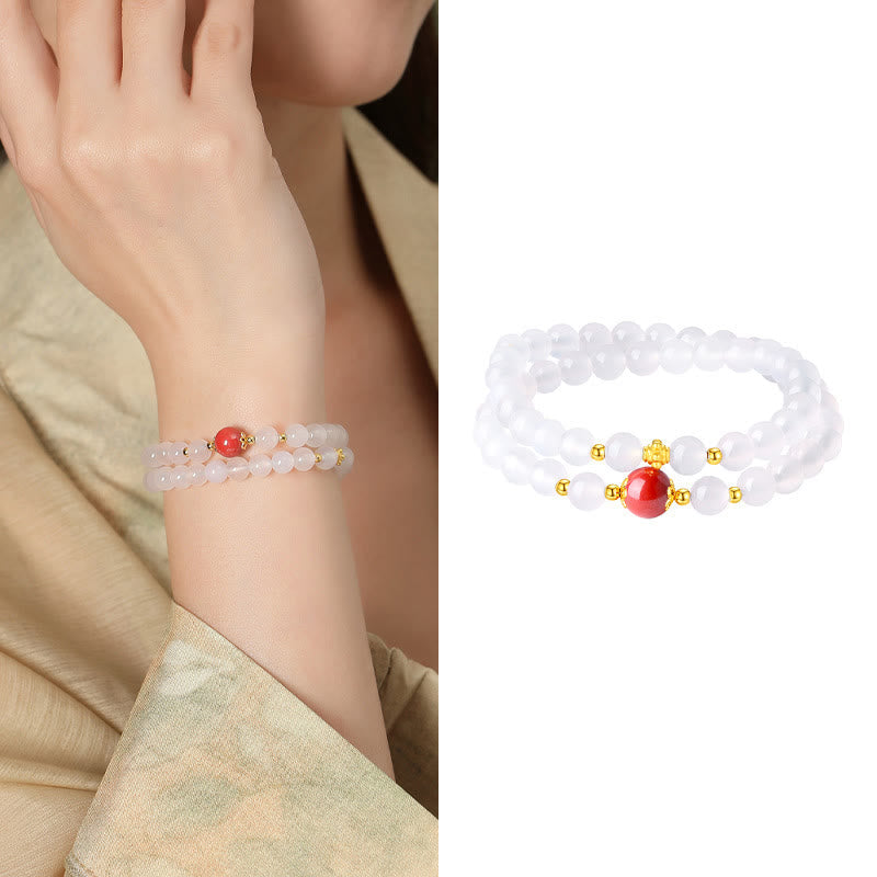 Wear FengShui 925 Sterling Silver Natural White Agate Cinnabar Double Wrap Protection Bracelet