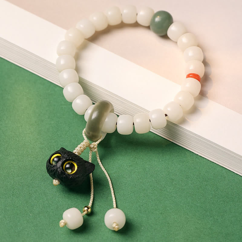 Wear FengShui Natural Bodhi Seed African Blackwood Lovely Cat Charm Peace Harmony Bracelet