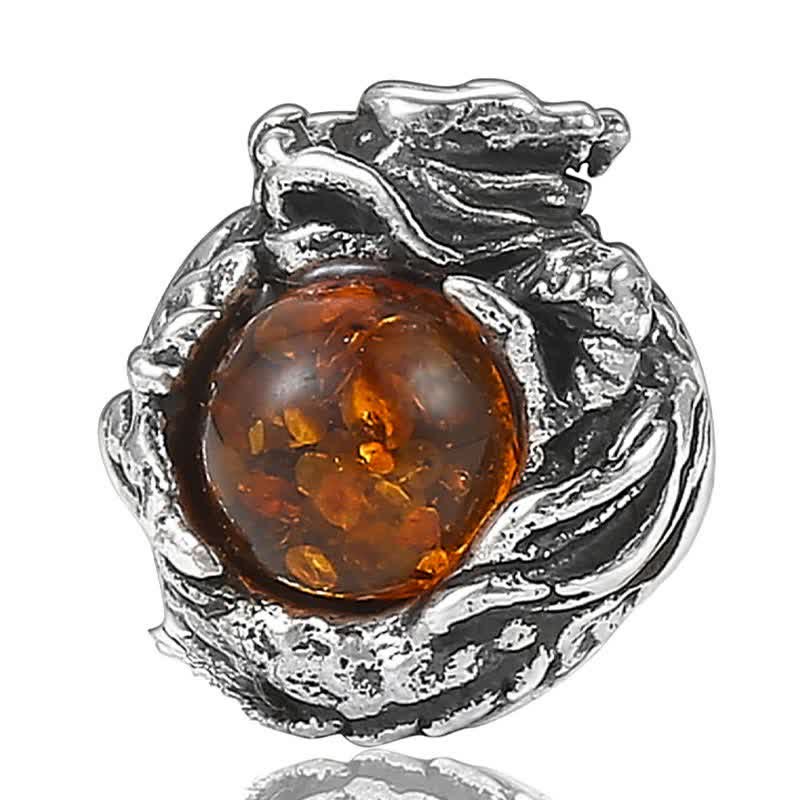 Wear FengShui 925 Sterling Silver Natural Amber Dragon Success Protection Stud Earring