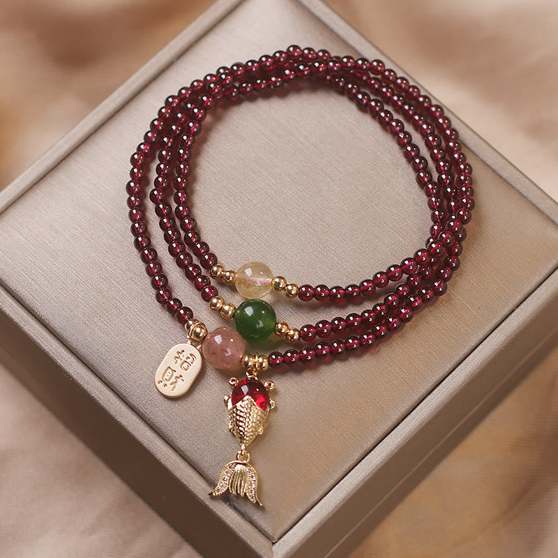 Wear FengShui Natural Garnet Strawberry Quartz Crystal Fox Koi Fish Peace Buckle Fortune Protection Triple Wrap Bracelet