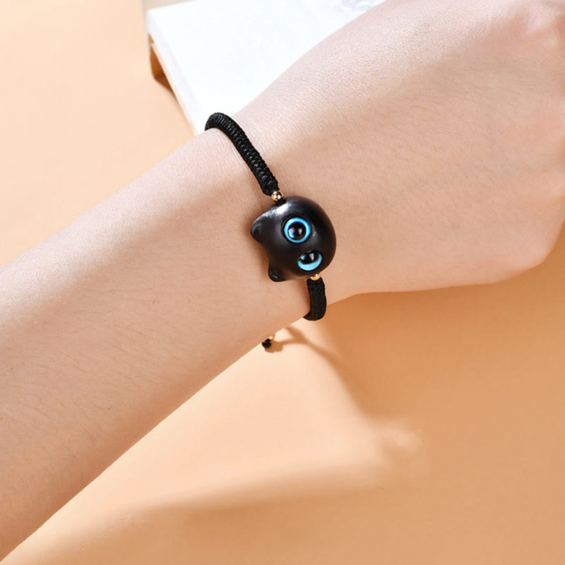 Wear FengShui Ebony Wood Cat Head Pattern Peace King Kong Knot Braided Bracelet