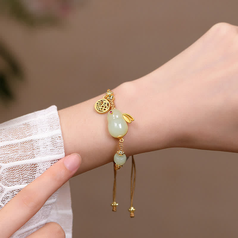 Wear FengShui Year of the Rabbit Hetian Jade Happiness Blessing Wealth String Bracelet