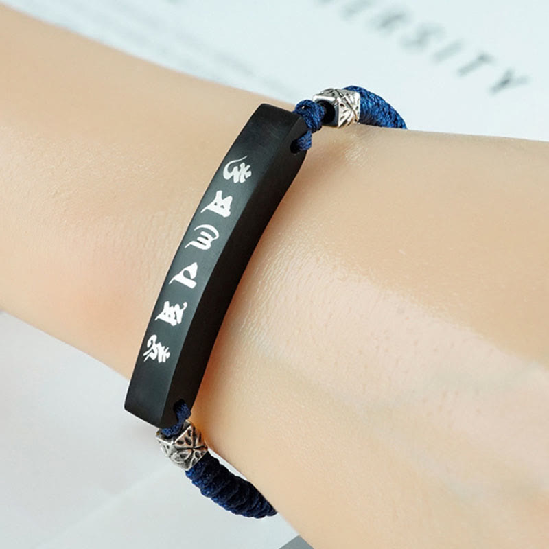 Wear FengShui Buddhism Six True Words Wood Ebony Wood Silver Inlaid Protection Bracelet
